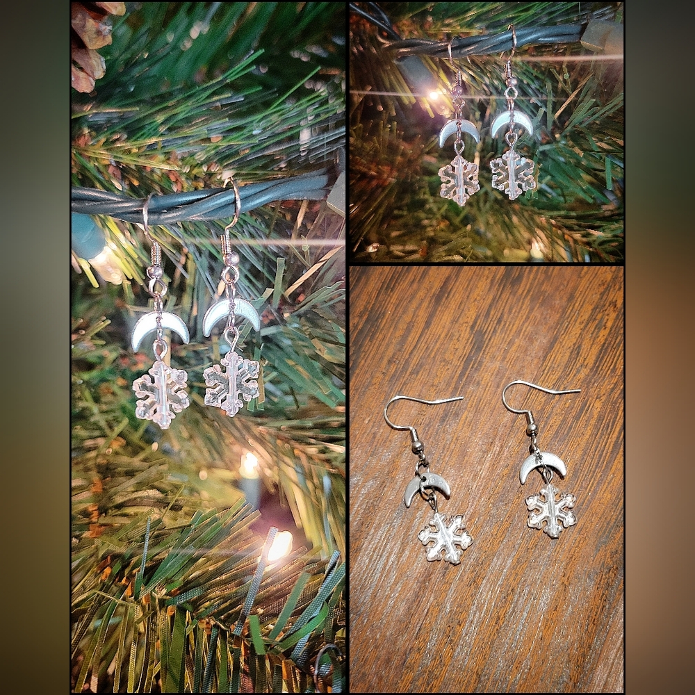 Winter Solstice Moon & Snowflake Stainless Steel Earrings, Hand Crafted! - Picture 1 of 5